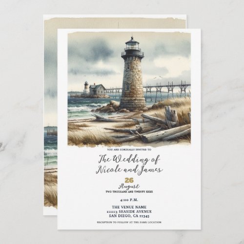 Rustic Coastal Lighthouse Seaside Beach Wedding Invitation