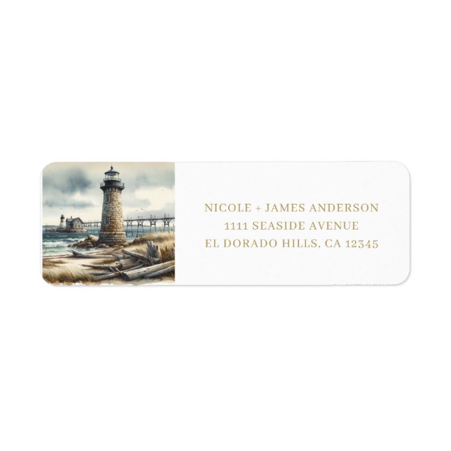 Rustic Coastal Lighthouse Seaside Beach Wedding Label (Front)