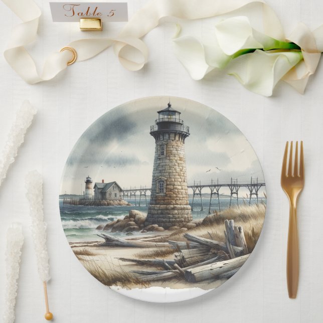 Rustic Coastal Lighthouse Seaside Beach Wedding Paper Plates (Wedding)