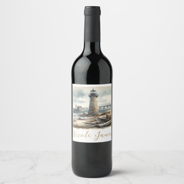 Rustic Coastal Lighthouse Seaside Beach Wedding Wine Label (Front)