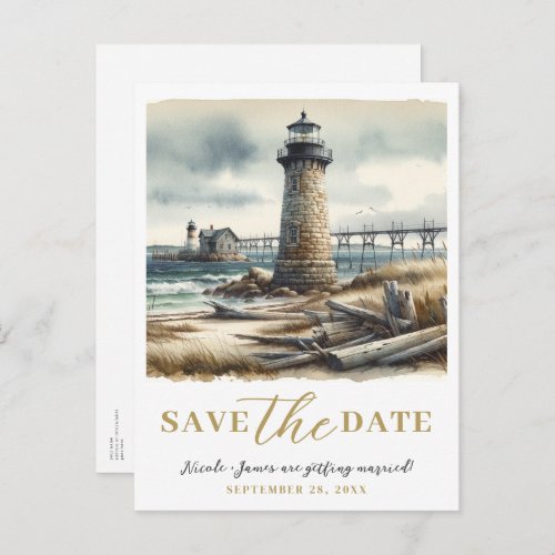 Rustic Coastal Lighthouse Seaside Save the Date Announcement Postcard
