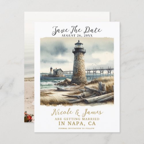 Rustic Coastal Lighthouse Seaside Save the Date Invitation