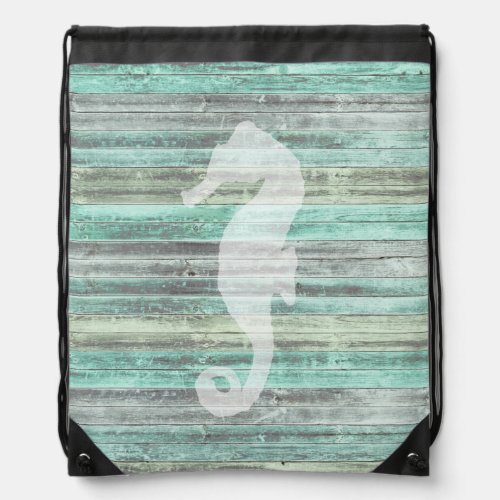 Rustic Coastal Seahorse Drawstring Bag