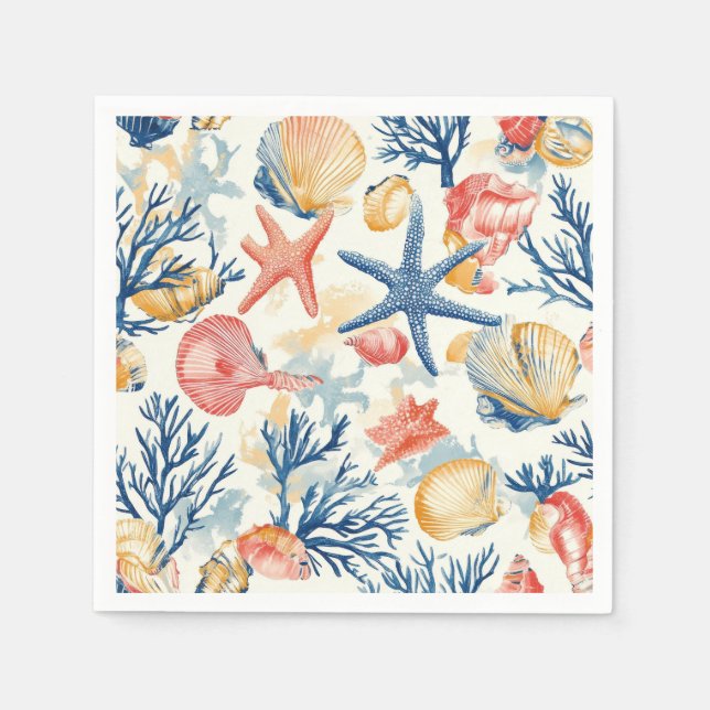 Rustic Coastal - Seashells, Starfish, Reef (10) Napkins (Front)