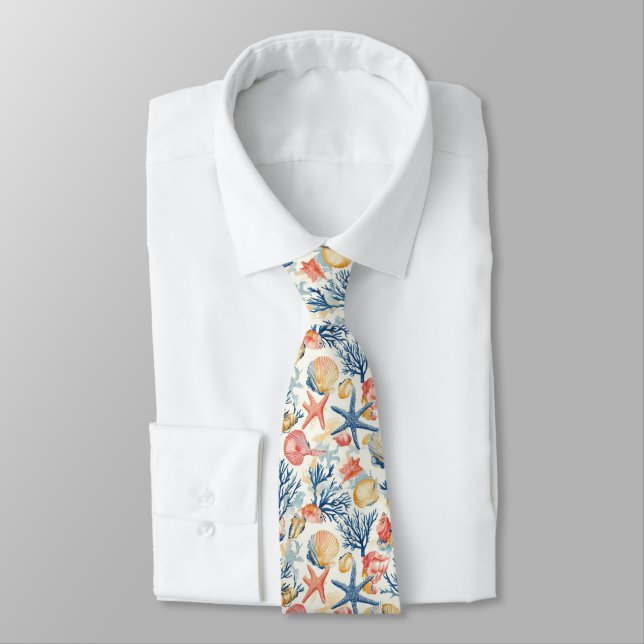 Rustic Coastal - Seashells, Starfish, Reef (10) Neck Tie (Tied)