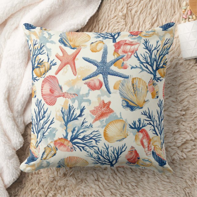 Rustic Coastal - Seashells, Starfish, Reef (10) Throw Pillow (Blanket)