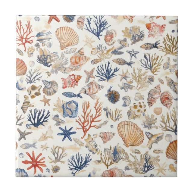 Rustic Coastal - Seashells, Starfish, Reef (12) Ceramic Tile (Front)
