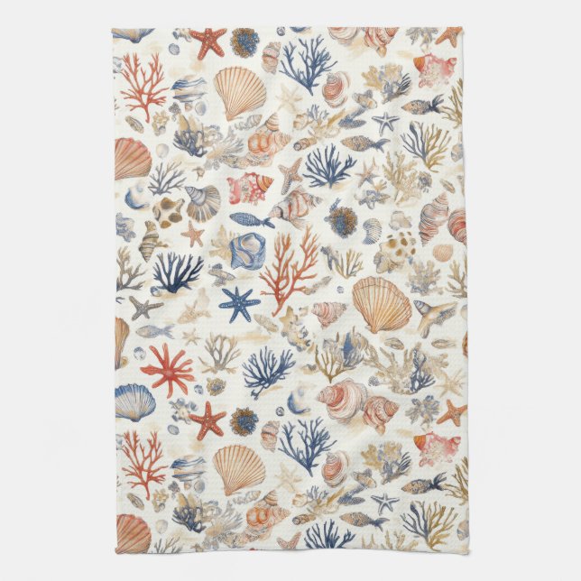 Rustic Coastal - Seashells, Starfish, Reef (12) Kitchen Towel (Vertical)