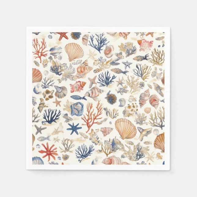 Rustic Coastal - Seashells, Starfish, Reef (12) Napkins (Front)