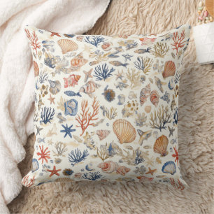 Rustic Coastal - Seashells, Starfish, Reef (12) Throw Pillow