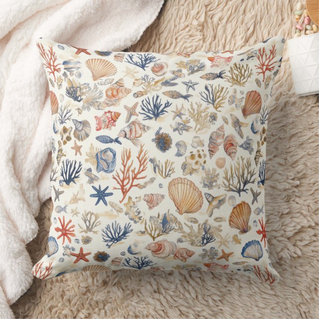 Rustic Coastal - Seashells, Starfish, Reef (12) Throw Pillow (Blanket)