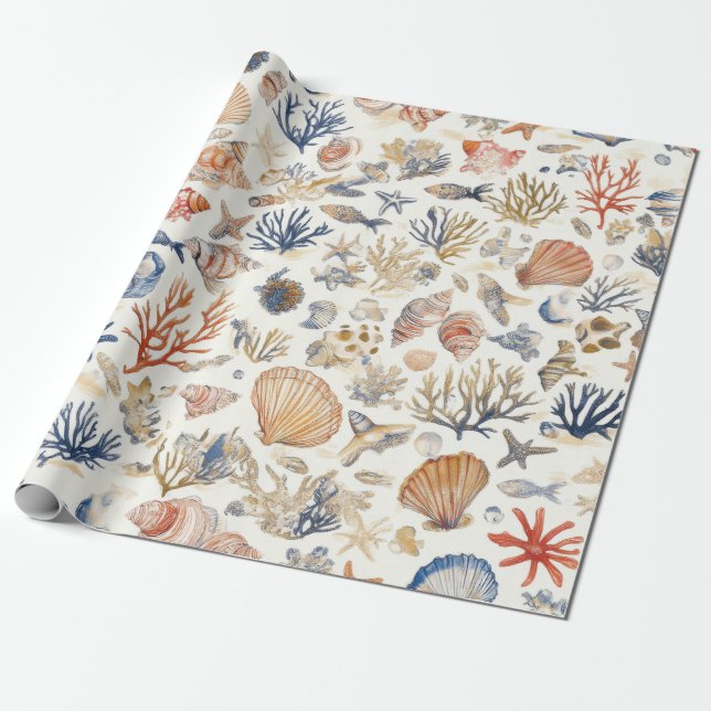 Rustic Coastal - Seashells, Starfish, Reef (12) Wrapping Paper (Unrolled)