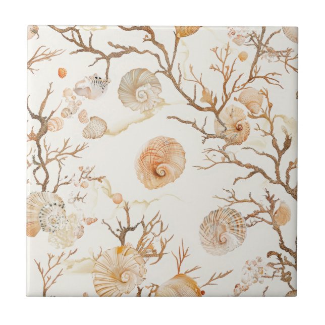 Rustic Coastal - Seashells, Starfish, Reef (14) Ceramic Tile (Front)