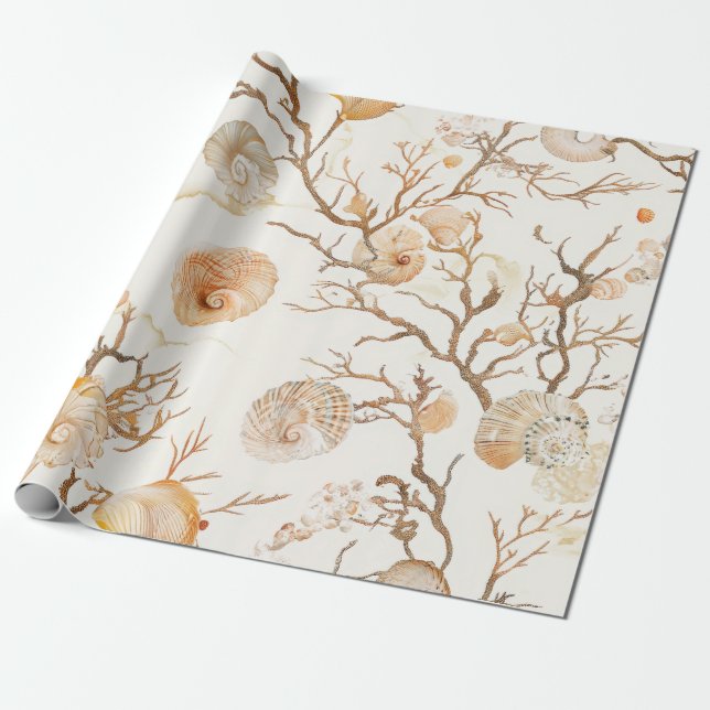 Rustic Coastal - Seashells, Starfish, Reef (14) Wrapping Paper (Unrolled)