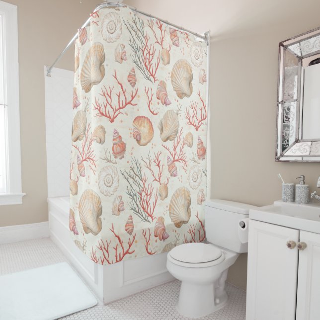 Rustic Coastal - Seashells, Starfish, Reef (16) Shower Curtain (In Situ)