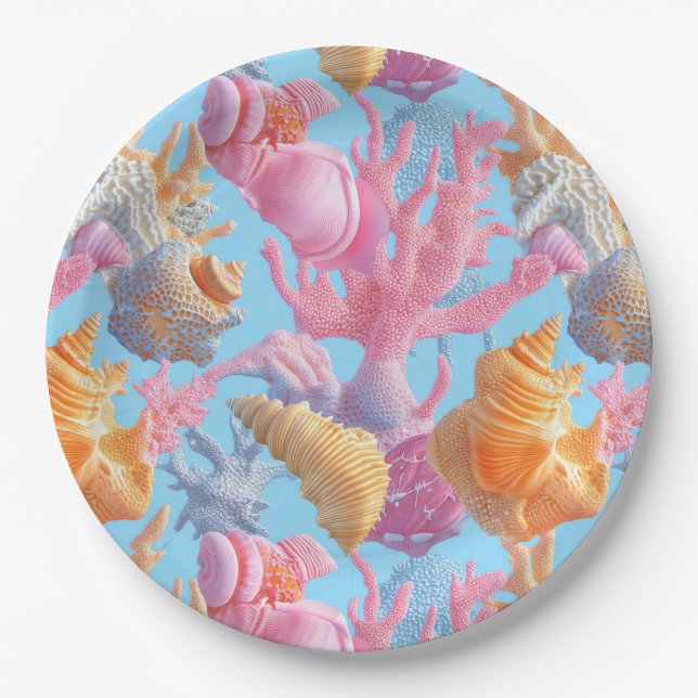 Rustic Coastal - Seashells, Starfish, Reef (18) Paper Plates (Front)