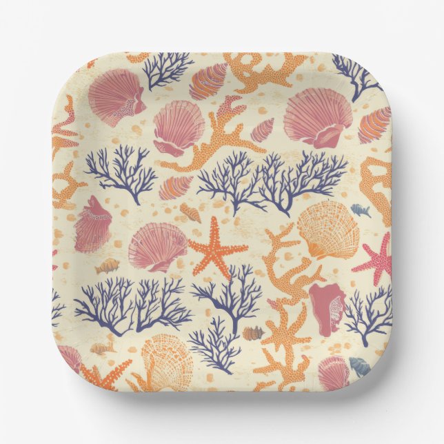Rustic Coastal - Seashells, Starfish, Reef (1) Paper Plates (Front)