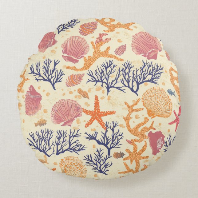 Rustic Coastal - Seashells, Starfish, Reef (1) Round Pillow (Front)