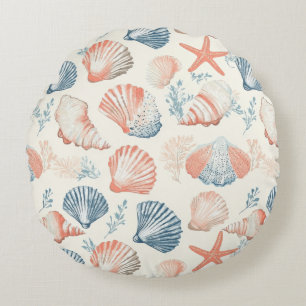 Rustic Coastal - Seashells, Starfish, Reef (23) Round Pillow