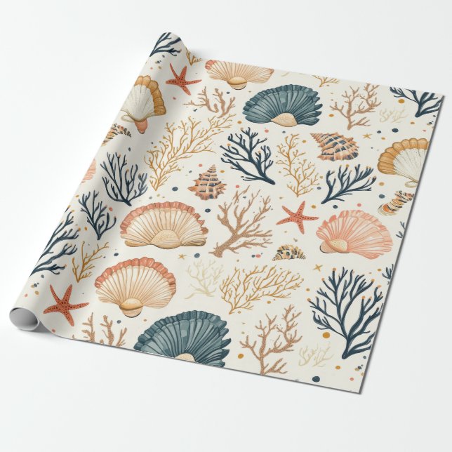 Rustic Coastal - Seashells, Starfish, Reef (24) Wrapping Paper (Unrolled)