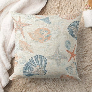 Rustic Coastal - Seashells, Starfish, Reef (25) Throw Pillow