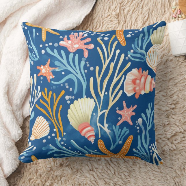 Rustic Coastal - Seashells, Starfish, Reef (26) Throw Pillow (Blanket)