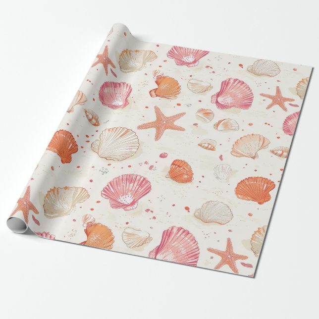 Rustic Coastal - Seashells, Starfish, Reef (28) Wrapping Paper (Unrolled)