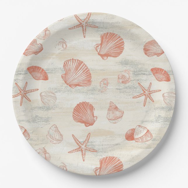 Rustic Coastal - Seashells, Starfish, Reef (29) Paper Plates (Front)
