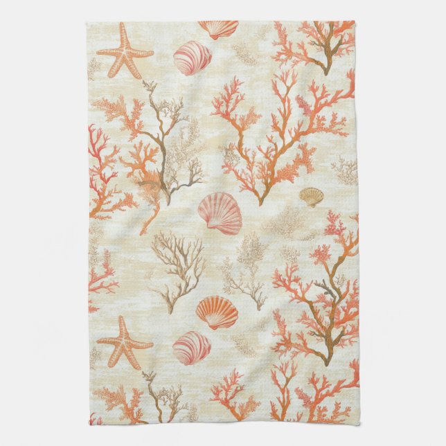 Rustic Coastal - Seashells, Starfish, Reef (2) Kitchen Towel (Vertical)
