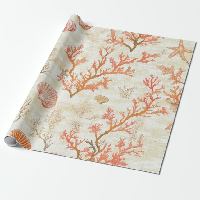 Rustic Coastal - Seashells, Starfish, Reef (2) Wrapping Paper (Unrolled)