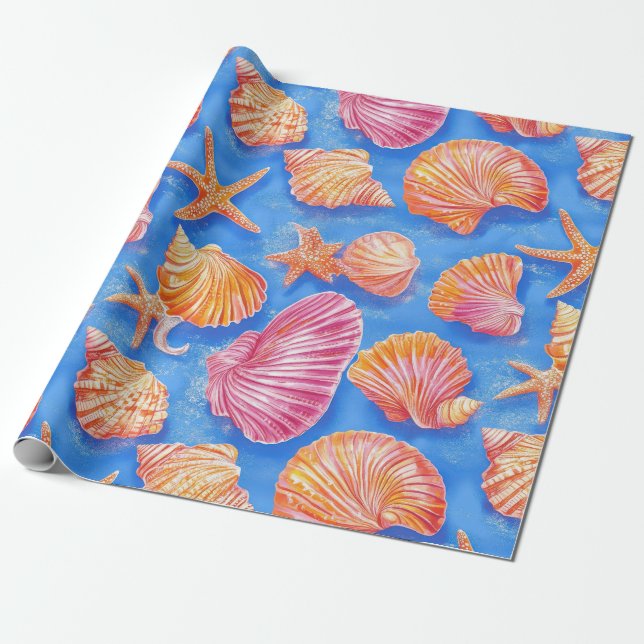 Rustic Coastal - Seashells, Starfish, Reef (30) Wrapping Paper (Unrolled)
