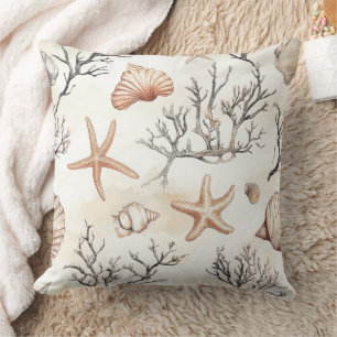 Rustic Coastal - Seashells, Starfish, Reef (31) Throw Pillow