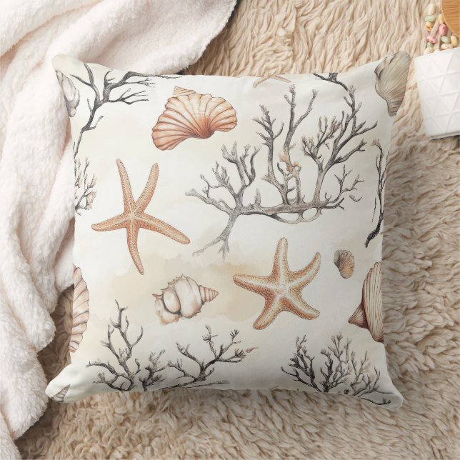 Rustic Coastal - Seashells, Starfish, Reef (31) Throw Pillow (Blanket)