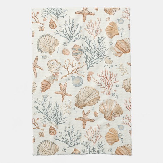 Rustic Coastal - Seashells, Starfish, Reef (32) Kitchen Towel (Vertical)