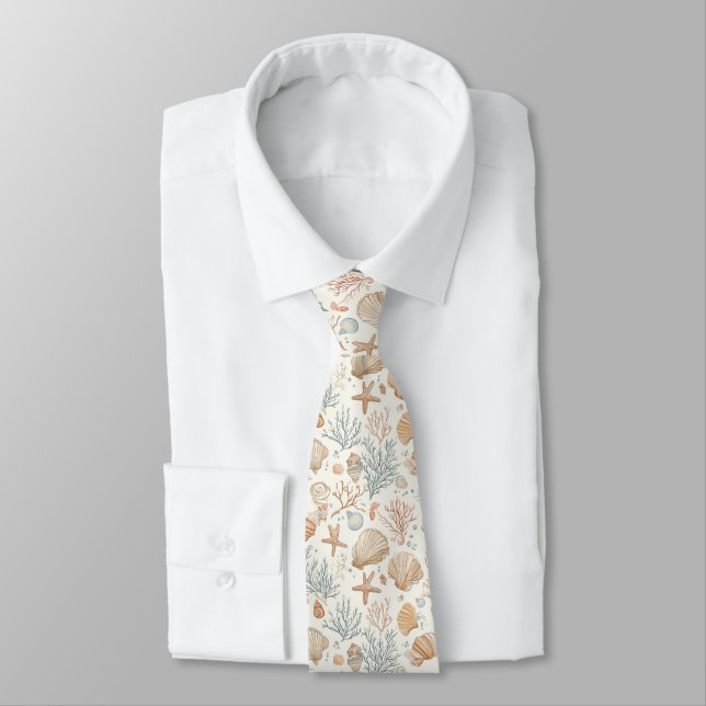 Rustic Coastal - Seashells, Starfish, Reef (32) Neck Tie (Tied)