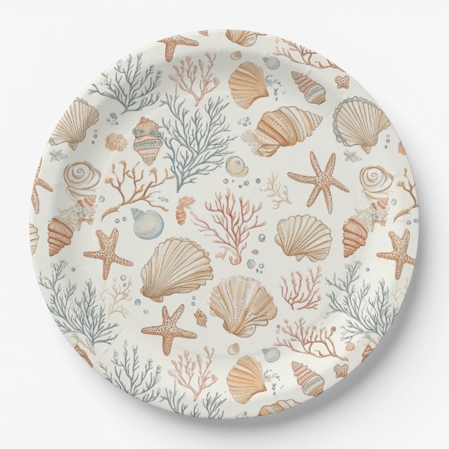 Rustic Coastal - Seashells, Starfish, Reef (32) Paper Plates (Front)