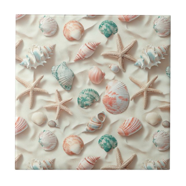 Rustic Coastal - Seashells, Starfish, Reef (33) Ceramic Tile (Front)