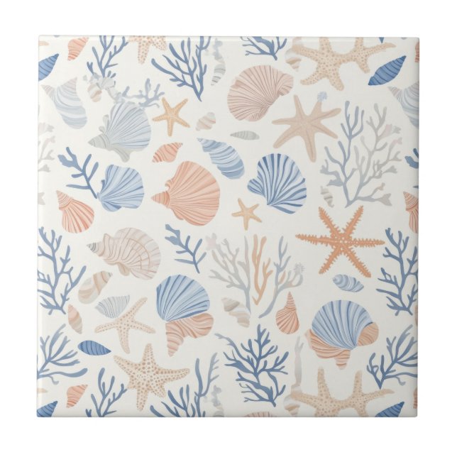 Rustic Coastal - Seashells, Starfish, Reef (34) Ceramic Tile (Front)