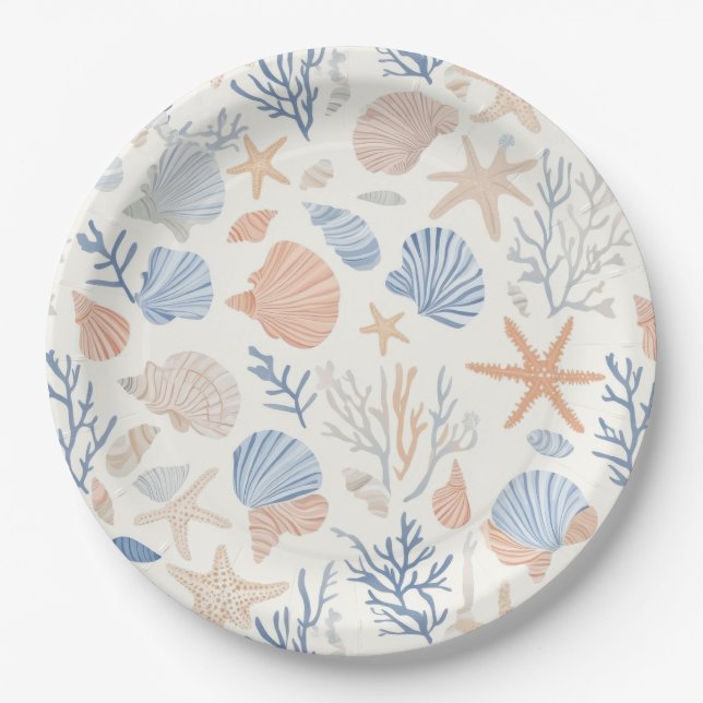 Rustic Coastal - Seashells, Starfish, Reef (34) Paper Plates (Front)