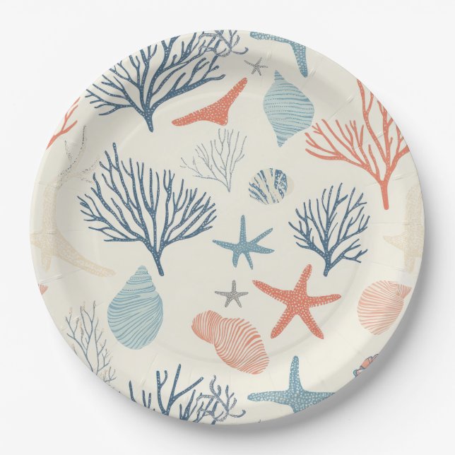 Rustic Coastal - Seashells, Starfish, Reef (35) Paper Plates (Front)