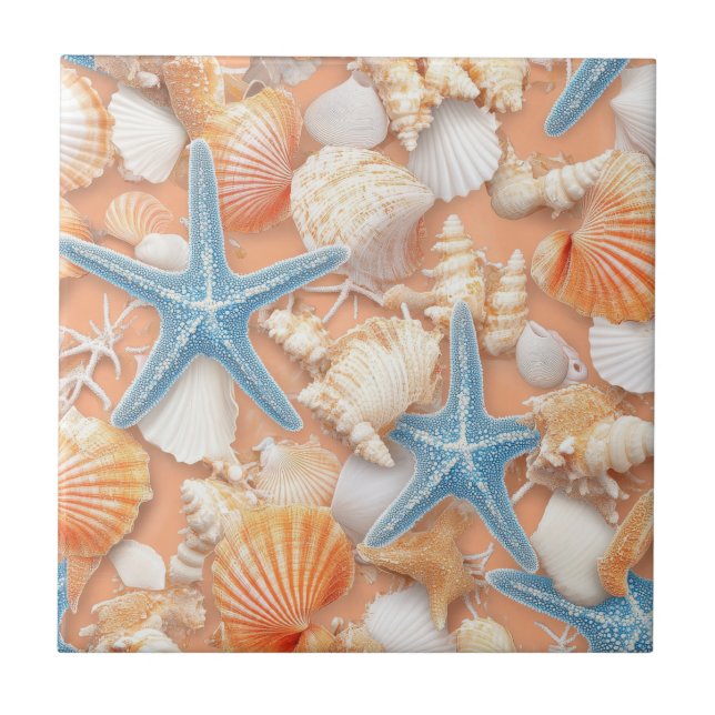 Rustic Coastal - Seashells, Starfish, Reef (4) Ceramic Tile (Front)
