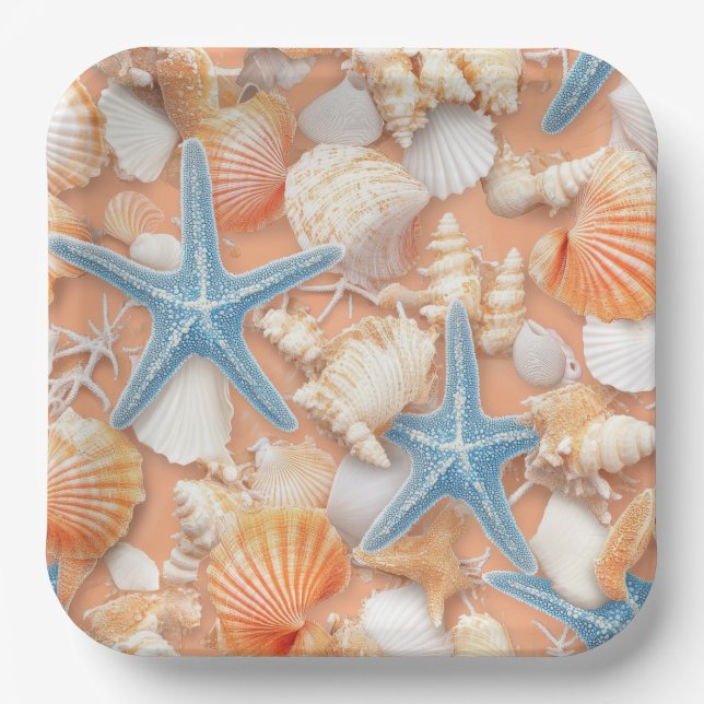 Rustic Coastal - Seashells, Starfish, Reef (4) Paper Plates (Front)