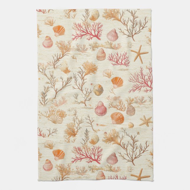 Rustic Coastal - Seashells, Starfish, Reef (5) Kitchen Towel (Vertical)