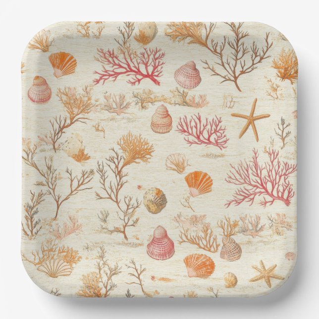 Rustic Coastal - Seashells, Starfish, Reef (5) Paper Plates (Front)