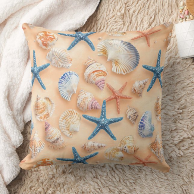 Rustic Coastal - Seashells, Starfish, Reef (6) Throw Pillow (Blanket)