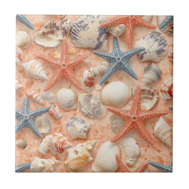 Rustic Coastal - Seashells, Starfish, Reef (8) Ceramic Tile (Front)