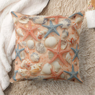 Rustic Coastal - Seashells, Starfish, Reef (8) Throw Pillow