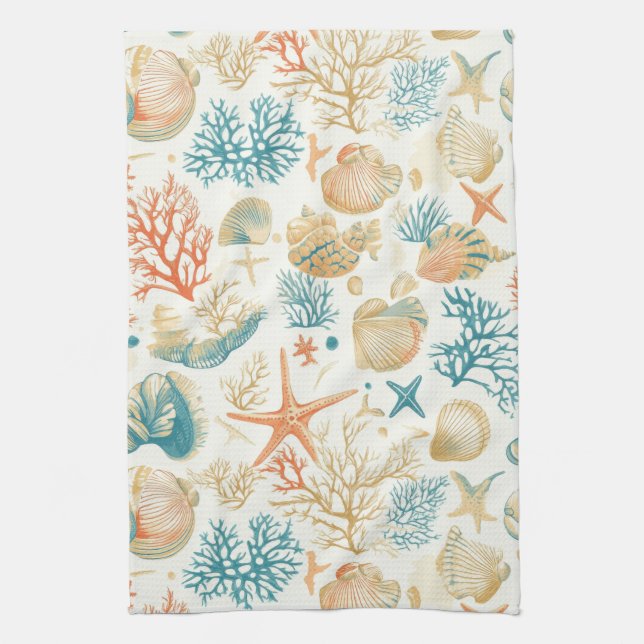Rustic Coastal - Seashells, Starfish, Reef (9) Kitchen Towel (Vertical)