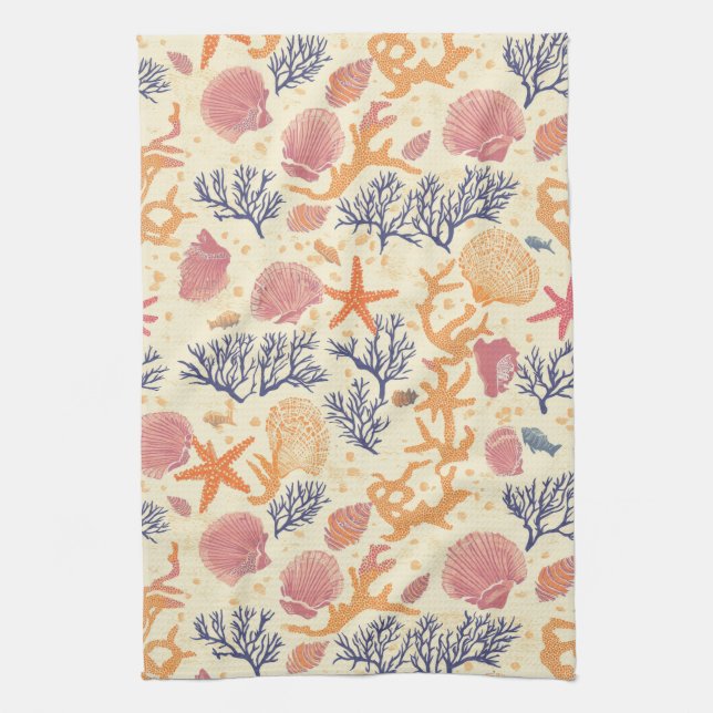 Rustic Coastal - Seashells, Starfish, Reef Kitchen Towel (Vertical)