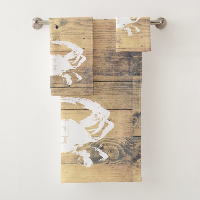 Rustic Coastal White Crab & Wood Planks | Monogram Bath Towel Set (Insitu)